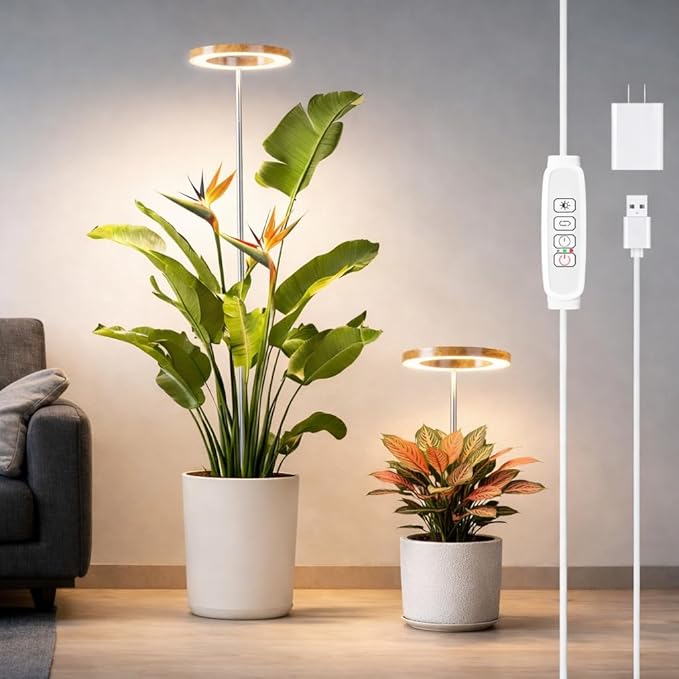 SDOVUERC Full‑Spectrum Grow Lights for Indoor Plants – Adjustable Height Plant Lamp with Wood‑Grain Finish, 6/12/18H Timer, 3 Color Modes, Perfect Plant Lights for Indoor Growing.(Pack 2)