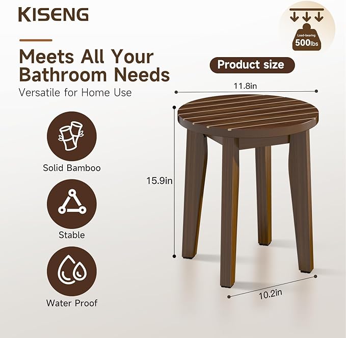 Round 16 Inch Bamboo Waterproof Shower Bathroom Stool Chair, Duty Wooden Bath Corner Shaving Legs Bench Seat (Walnut, XL)
