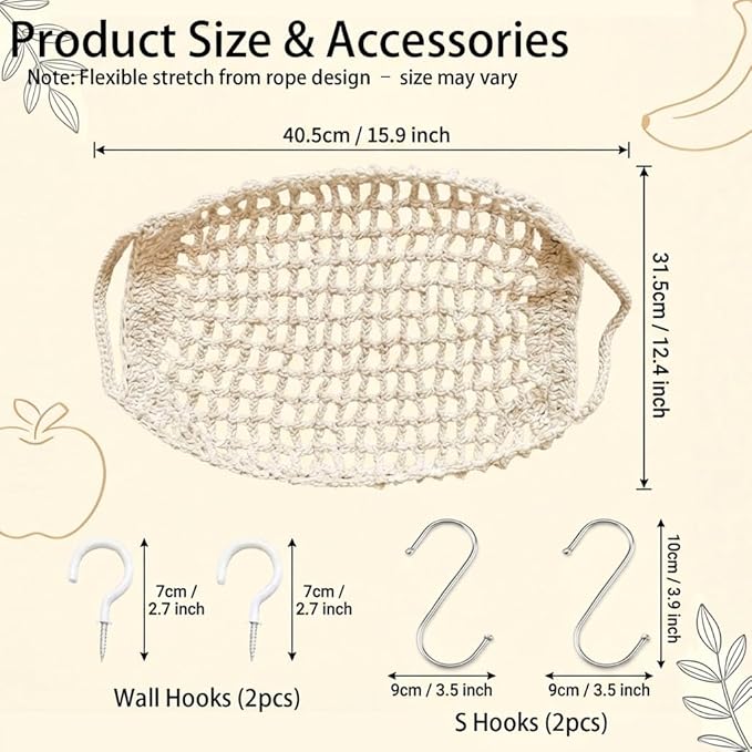 Hanging Fruit Hammock Under Cabinet, 13×16in Macrame Hanging Fruits Basket with 4 Hooks Fruit Net Banana Hammock Hanging Storage Veggie Hanger Basket for Kitchen Home Boat Rv(Beige)