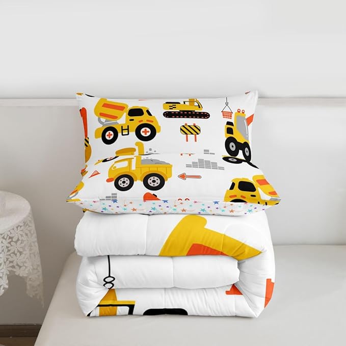 Feelyou Cartoon Car Comforter Set Kids Construction Comforter for Boys Equipment Trucks Bedding Set Breathable Cartoon Yellow Car Excavator Tractor Duvet Set Room Decor Quilt Set Full Size