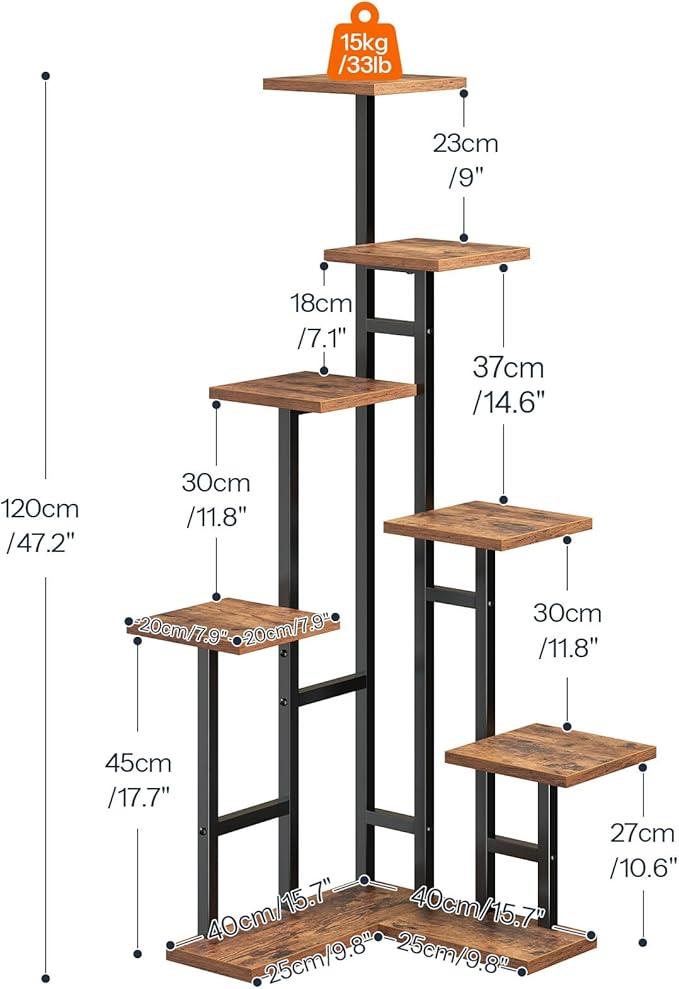 HOOBRO Corner Plant Stand Indoor, 7-Tier Plant Shelf for Multiple Indoor Plants, Corner Plant Rack Organizer, Square Flower Stand, for Living Room, Balcony, Patio, Rustic Brown and Black BF01HJ01