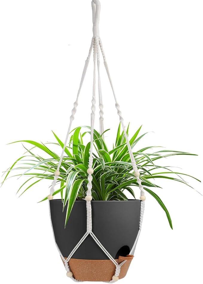 Vanslogreen 41.5 Inch Macrame Plant Hanger Indoor Outdoor with 12 Inch Flower Pot, Hanging Planter for Plants Holder with Wood Beads for Boho Home Decor (Ivory+Black)