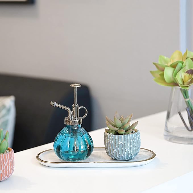 T4U Glass Plant Mister 200ML, Vintage Spray Bottle with Top Pump Fine Mist Flower Garden Sprayer Small Decorative Spritzer Watering Can Gift for Indoor Outdoor Succulent House Plant (Blue)