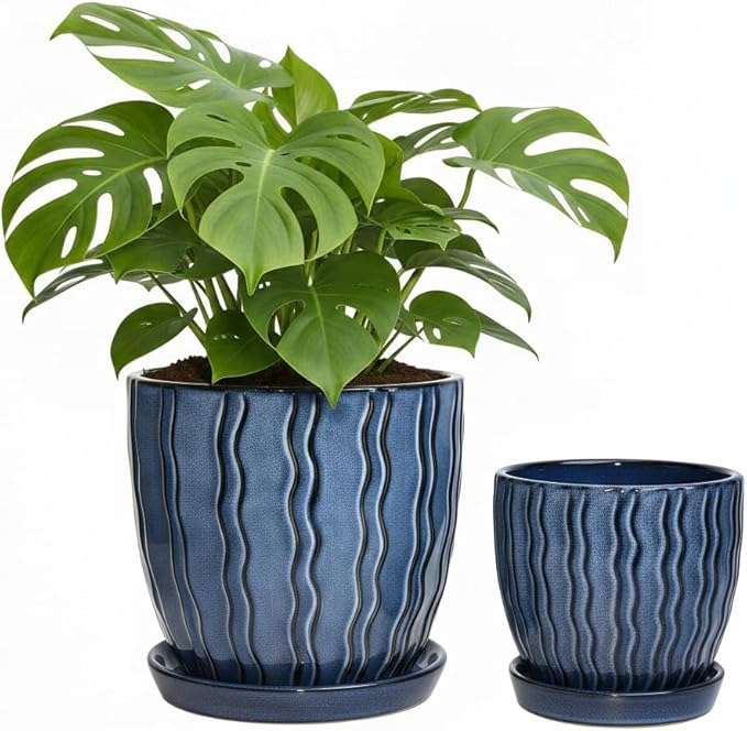 Ceramic Planter, 4.5+5.5 Inch Small Plant Pots, Flower Pots Indoor Planters with Drainage and Tray, Pot for Indoor Plants - Succulents, Snake Plant, Cactus, Aloe Vera, Herb for Home Decor(Glaze Blue)