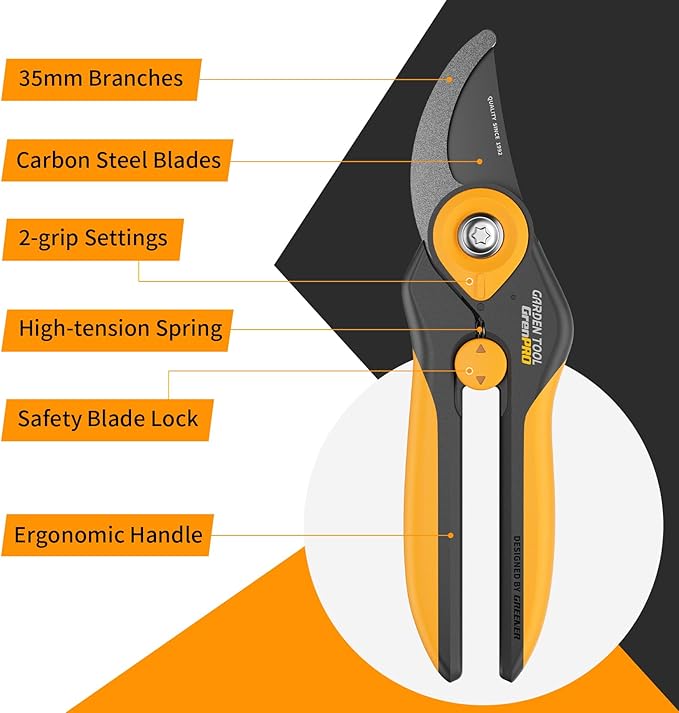 GrenPRO Bypass Pruning Shears 8.6", Heavy Duty Garden Clippers Handheld Cuts 1.38" Hardwood, Sharp SK5 Titanium Blades for Rust-Proof & Non-Stick, Ergonomic Garden Scissors for Plant Flower