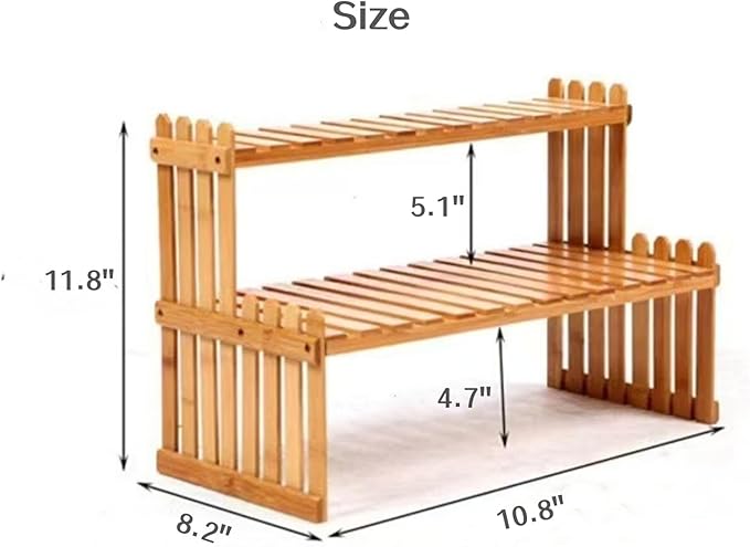 GURECOD 10.8" 2 Tiers Bamboo Plant Stand Shelf,Desk Flower Pot Holder,Adjustable Desktop Shelf Display Organizer Ladder Rack for Office Decorate Desk Shelving Storage Rack,Kitchen Rack (10.8" Length)