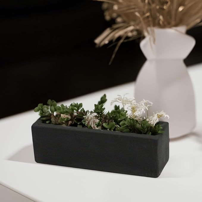 WGVI Long Rectangle Ceramic Planter Vase in Black 12" x 4" x 4"H, Block Rectangular Terrarium Box Pot, Flower Arrangement, Table top Centerpiece, Home Decor Organization Storage Container, 1 Pc.