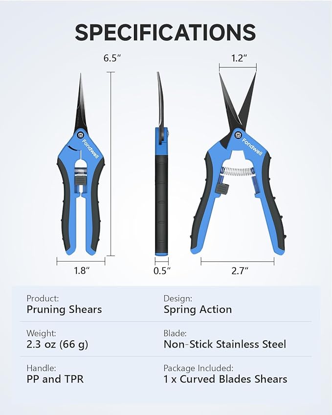 Fondwell 6.5" Trimming Shears Pruning Snips: Precise Gardening Scissors with Curved Micro Tip - Ideal for Tight Space Garden Work