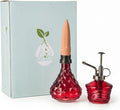 Glass Mini Watering Can Vintage Plant Mister Flower Water Spray Bottle and Faceted Glass Plant Watering Globe with Terracotta Spike,Red