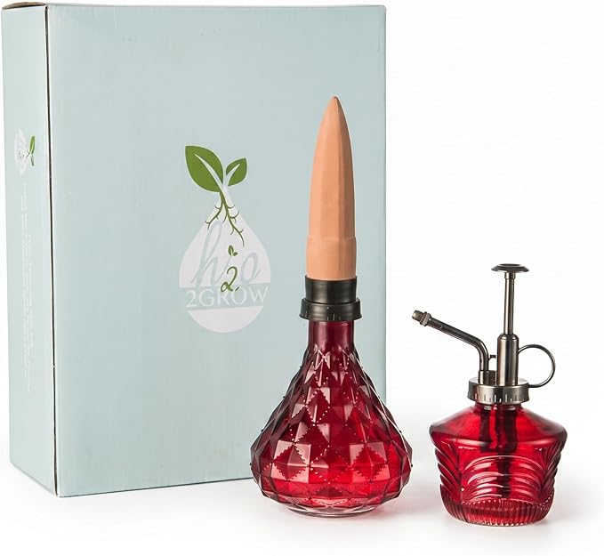 Glass Mini Watering Can Vintage Plant Mister Flower Water Spray Bottle and Faceted Glass Plant Watering Globe with Terracotta Spike,Red
