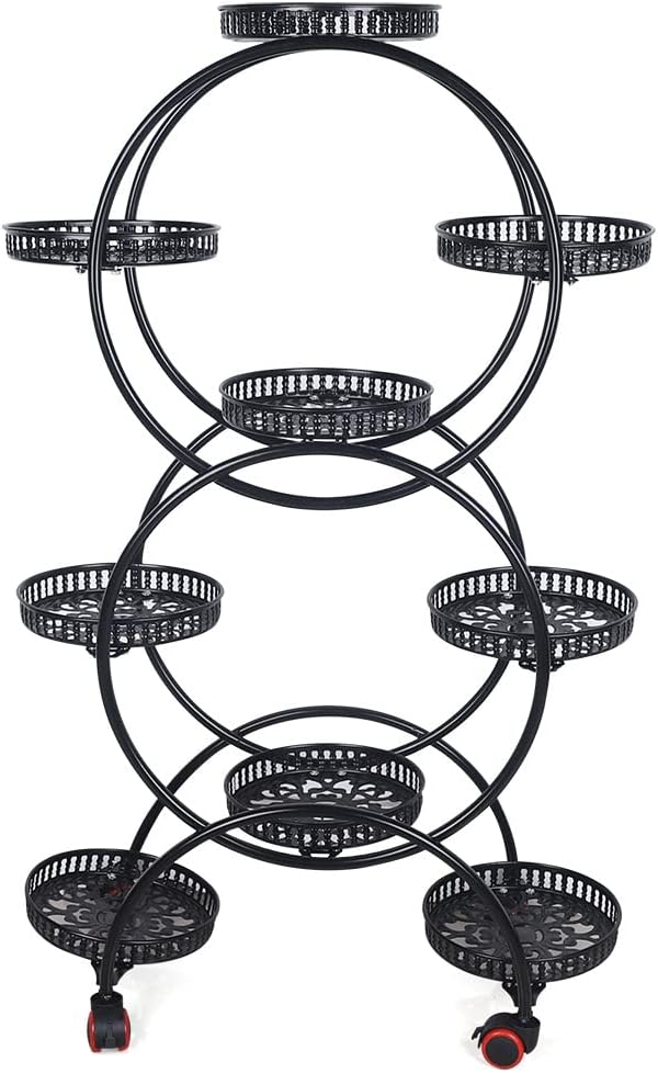 6 Tier Metal Plant Stand Indoor/Outdoor Multiple Flower Pot Holder Shelf with 9 Round Trays, Flower Pot Stand Plant Rack for Patio Living Room Corner Balcony, Black