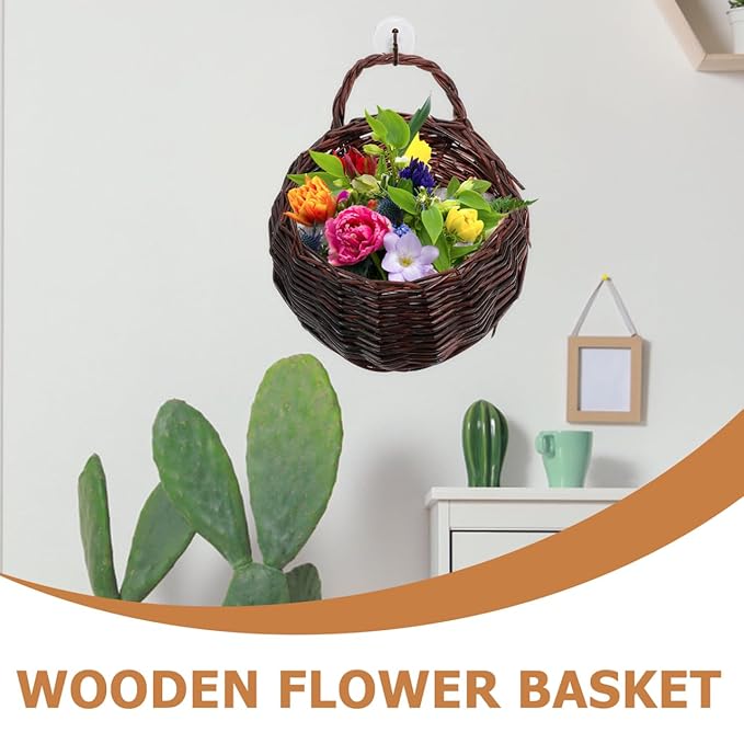Woven Hanging Basket 9X7X4 Inch Dark Brown Rattan Wall Hanging Planter for Indoor Decorative Flower Storage Kitchen Bathroom Living Room