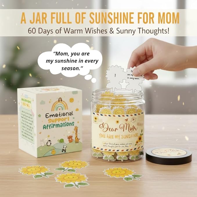 Positive Sunflower Jar with 60 Affirmation Cards, Uplifting Motivation Jar For Mom, Encouraging Sunflower Gifts For Mom Women, Emotional Support Gift, Funny Desk Decor, Gifts for Coworkers Women