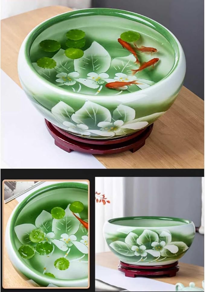 Decor Hand-Painted Green Lotus Finish Ceramic Fish Tank Desktop Fortune Goldfish Turtle Feeding Tank Ceramic Round Planter Starter(41x41x17cm)