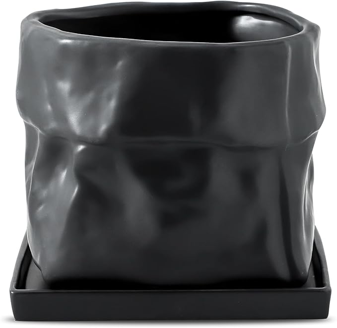 Nihow Ceramic Plant Pot: 8 Inch Planter with Drainage Hole & Square Saucer for Herbs/Plants, Bag Shape Design Flower Pot for Indoor & Outdoor Garden Decor - Black