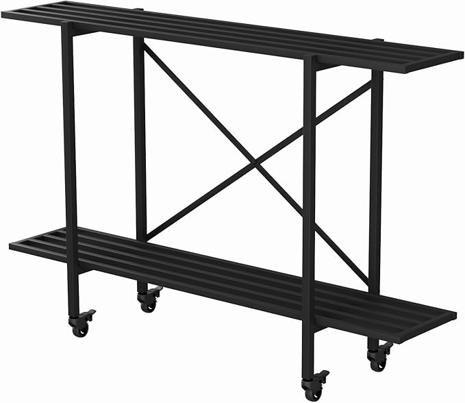 Zhongma 2 Tier Window Height Metal Sturdy Narrow Plant Stand with Wheels, Plant Stand Indoor and Outdoor, L45.67 x W10.3 x H29.9 inch, 440 LBS Capacity & Heavy Duty Construction.