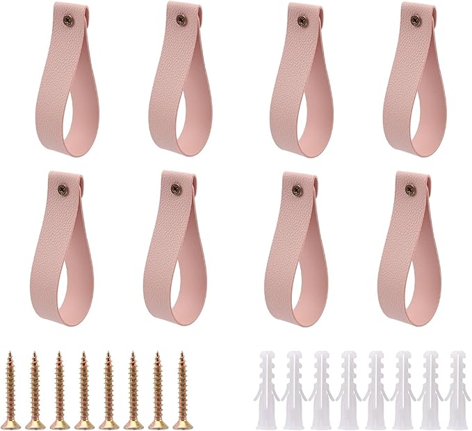 Curtain Rod Holders,Set of 8 Leather Curtain Rod Hooks with Screws,PU Curtain Rod Hangers Stylish Leather Straps Hooks for Wall Pole Macrame Boho Art Décor (8, Pink)