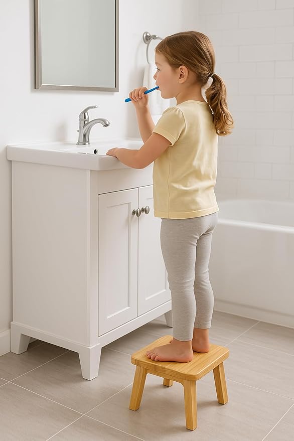 Small Wooden Step Stool for Kids – Mini Toddler Stool to Sit or Stand – Anti-Slip Bamboo Stool for Bathroom Sink, Potty Training & Kitchen