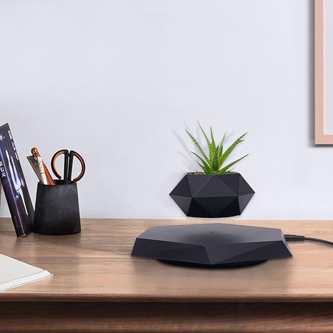 Levitating Plant Pot Magnetic Levitation Suspension Floating Pot，Floating Plant Pot for Small Plants，360 Degree Rotation Planter，Potted Plant for Home, Office & Desk Levitating,Black