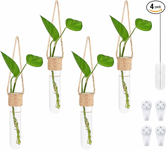 ARTORA Plant Propagation Hanging Glass Planter Terrarium Wall Mounted Decorative Flower Vase Hydroponic Plant Cultivation Test Tube for Home Office Decor (4PCS)