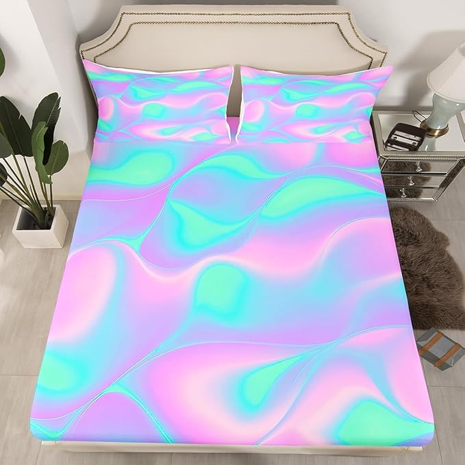 Feelyou Kid’s Bed Sheet Set Girls Chic Bright Colorful Abstract Soft Twin Bedding Set, 1 Flat Sheet,1 Deep Pocket Fitted Sheet, and 1 Pillow Case, Super Soft Easy Care, Teens Women Bedroom Decor