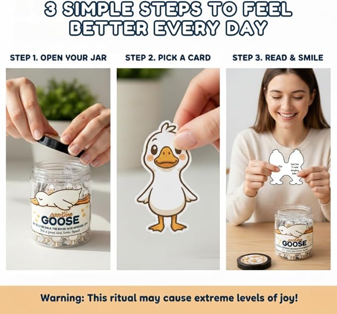 Positive Goose Jar with 60 Affirmation Cards, Emotional Support Goose Decor, Silly Desk Present for Goose Lovers, Mental Health Motivation Jar for Women and Teens, Funny Gag Gift Idea