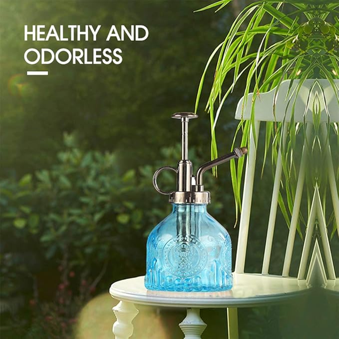 Plant Mister Glass Spray Bottle Small Plant Watering Can 6.4" Tall Retro Indoor Watering Can Bronze Plastic Top Pump for Garden Indoor Plant Sprayer (Blue)