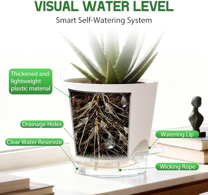 Self Watering Pots for Plants, 2026 New Flower Plant Pots with Drainage Holes, Wicking and Clear Reservoirs for Succulent, Aloe, Cacti and Others - 6 Pack (White, 6")