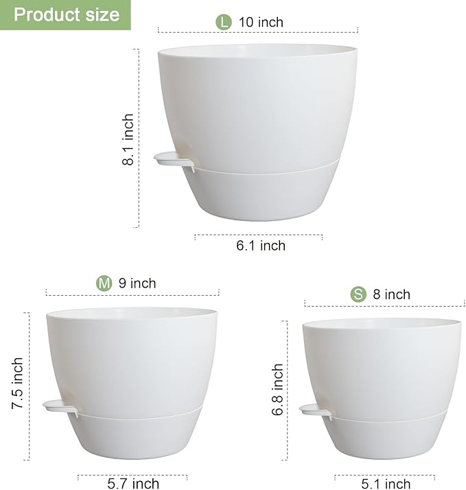WSMKSZ 10/9/8 inch Medium Self Watering Pots, Plant Pots with Mesh Drainage Holes for Indoor Outdoor Garden Plants, Flower Pots with Removable Reservoir, Set of 3 Plastic Planters, White