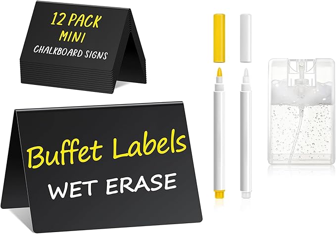 PigPotParty 4"x3" Mini Chalkboard Signs for Food, 12 Pcs Food Signs for Party Buffet, Small Chalk Board Food Labels, Table Place Cards, Wedding - Bakery - Birthday, Includes 2 Wet Erase Markers