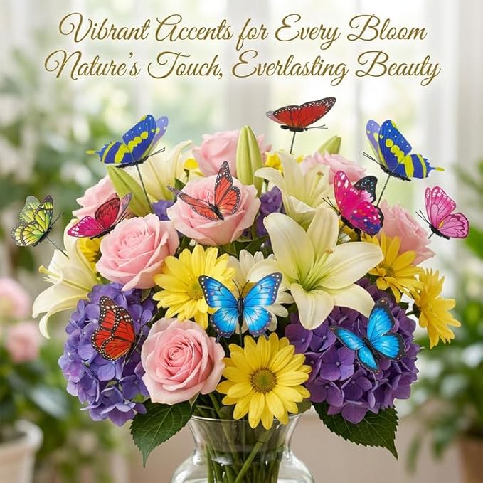 RAINFLOW 50PCS Butterfly Decorations – Butterflies Decorations for Bouquets, Butterfly Garden Decor, Flying Butterflies with Garden Stakes Decorative for Plant Decoration for Pots, Yard & Party