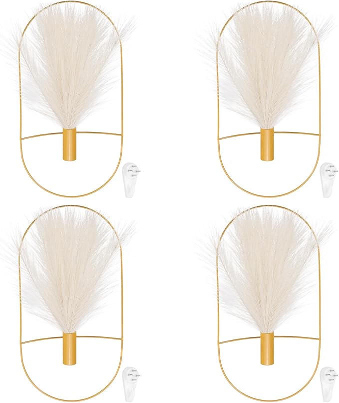 uxcell 4 Pcs Wall Decor Metal Gold Wall Art Hanging Planters with Artificial Pampas, Wall-Mounted Decor Metal for Display Artwork Plant Hanging Living Room Bedroom, Beige (Oval)