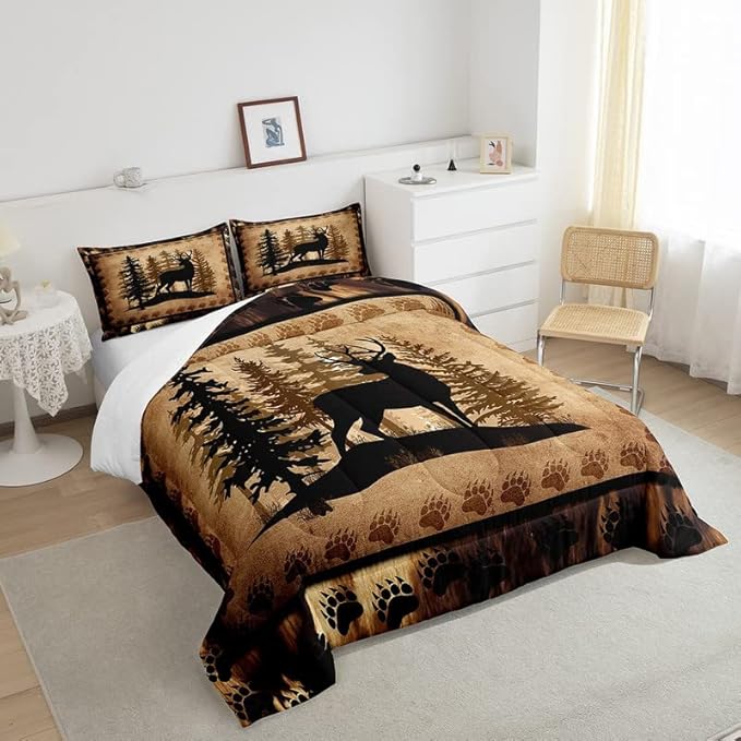 Feelyou Cute Deer Comforter Set for Girls Boys Kids Deer Hunting Bedding Set Room Decorative Rustic Bear Paw Print Bedding Set Canbin Deer Brown Duvet Set Twin Size 2Pcs Quilt Set with 1 Pillow Case