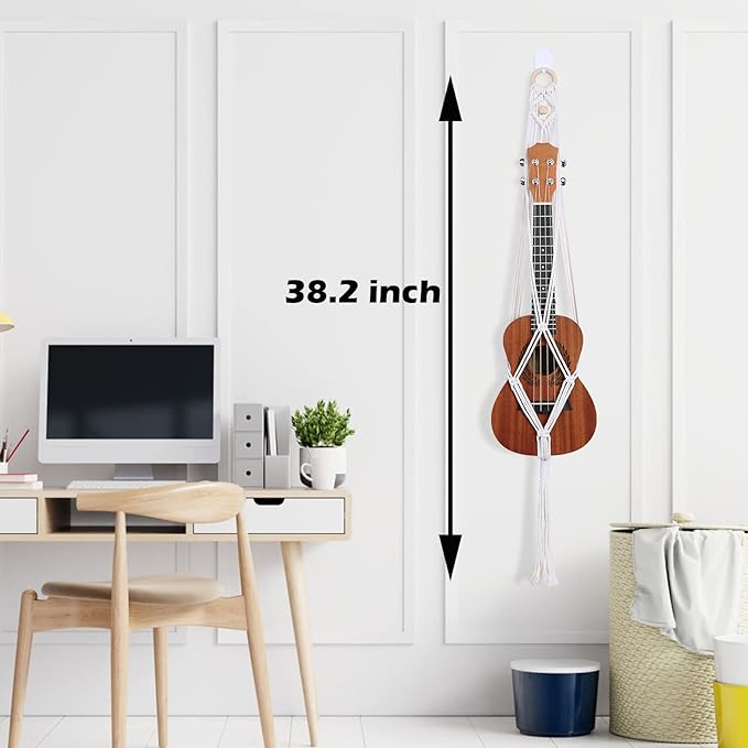 Macrame Ukulele Hanger Wall Mount - Handwoven Holder for Soprano Ukulele, Boho Wall Decor, Natural Cotton Rope with Protective Padding