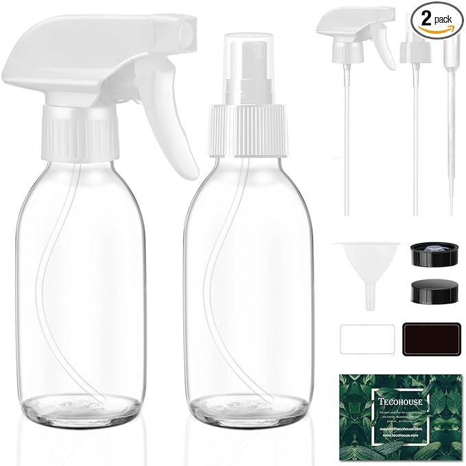 Tecohouse Glass Spray Bottles 4 OZ, Empty Small Spray Bottles 2 Pack for Essential Oils, Cleaning Solutions, Plants, Hair Mister, withDurable Nozzle, Labels, Funnel, Pipettes Clear
