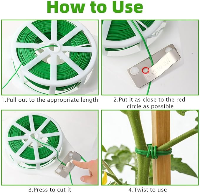 Plant Ties 164 Feet Green Garden Twist Ties with Built-in Cutter Plant Garden Twine Wire for Gardening Climbing Plants Support Indoor Outdoor Office Home Cable Organization Rustproof Flexible Reusable
