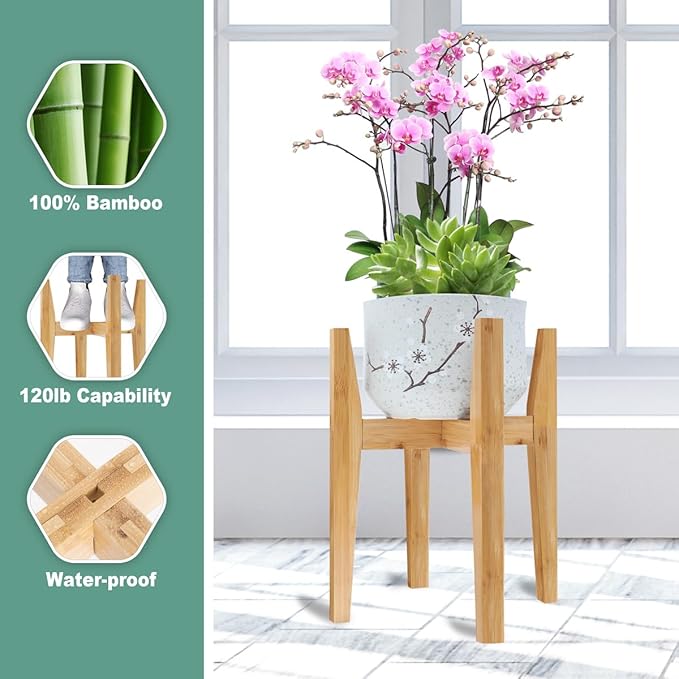 Rnined Plant Stand Indoor, Bamboo Plant Shelf, Adjustable Corner Plants Flower Holders Single Floor Plant Stand, Fits 8 to 12 Inches Pots,(Pot & Plant Not Included)(Nature)