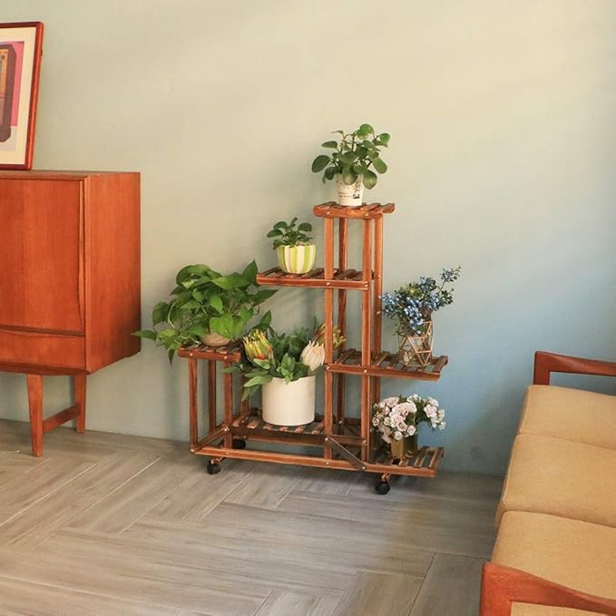 unho Plant Stand with Wheels: 6 Tiered Wooden Shelf Rolling Storage Rack Holder for Patio Garden Livingroom Balcony Yard Indoor Outdoor Display Potted Flowers Succulents Herbs