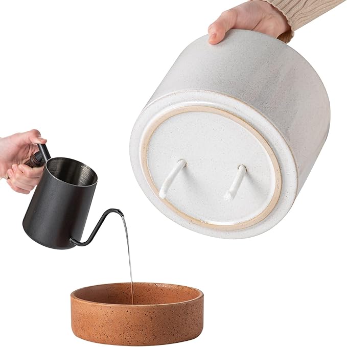 Self Watering Ceramic Planter: 8 Inch Plant Pot with Drainage Hole & Water Storage Plus for Outdoor & Indoor Plants, Succulents, Herbs - Flower Pot for Home or Office Decor - Retro Grey