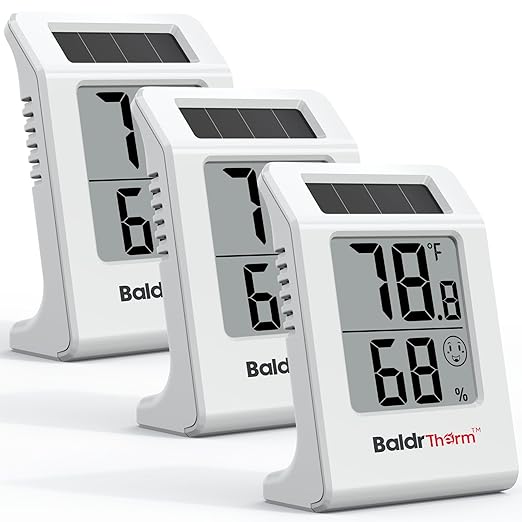 BaldrTherm 2.2'' Digital Thermometer and Hygrometer Meter, Solar-Powered Indoor Temperature Sensor Humidity Monitor, Humidity Gauge for Baby Rooms, Bedrooms, Home, Office, and Wine Cellars, 3Pack