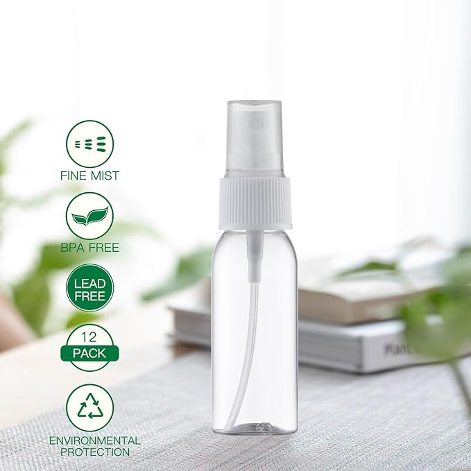 LISAPACK Plastic 1oz Spray Bottles Empty Small Mini Fine Mist Travel Size Atomizer, Tiny Sprayer for Little Perfume, Water, Cologne, Alcohol, Samples (12pcs, clear, 30ml)