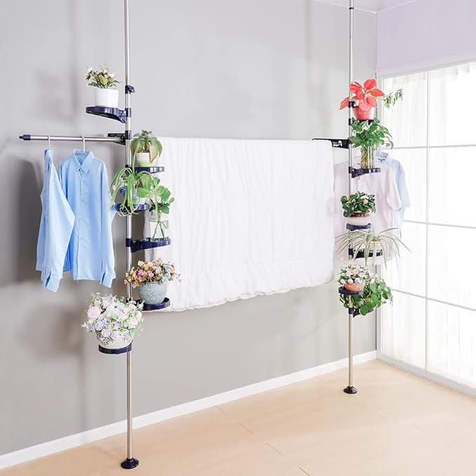 BAOYOUNI Indoor Tension Plant Pole Stands Double Rods Flower Pots Storage Shelf Floor to Ceiling Display Rack Hanger with 12 Trays, 2 Hooks & 1 Telescopic Rod for Clothes Drying, Navy Blue