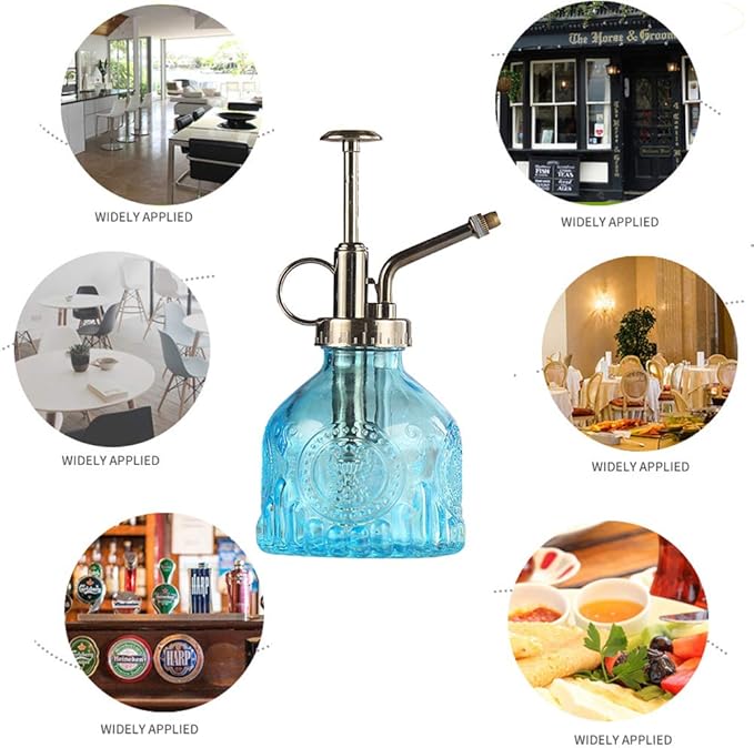 Plant Mister Glass Spray Bottle Small Plant Watering Can 6.4" Tall Retro Indoor Watering Can Bronze Plastic Top Pump for Garden Indoor Plant Sprayer (Blue)