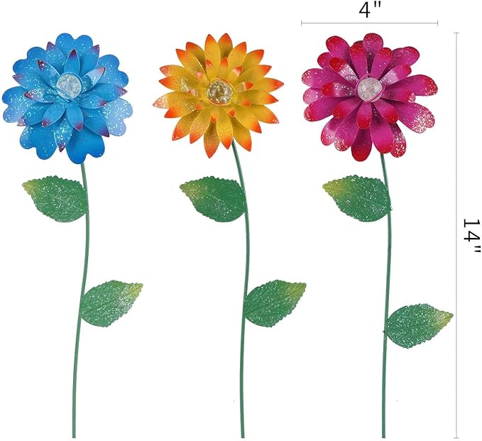 TZSSP 3-Pack Floral Garden Stakes Decor Tricolor Outdoor Glow in Dark,14 inch Metal Flowers Outdoor Decor Waterproof Metal Flower Sticks for Patio, Lawn, Yard Decorations