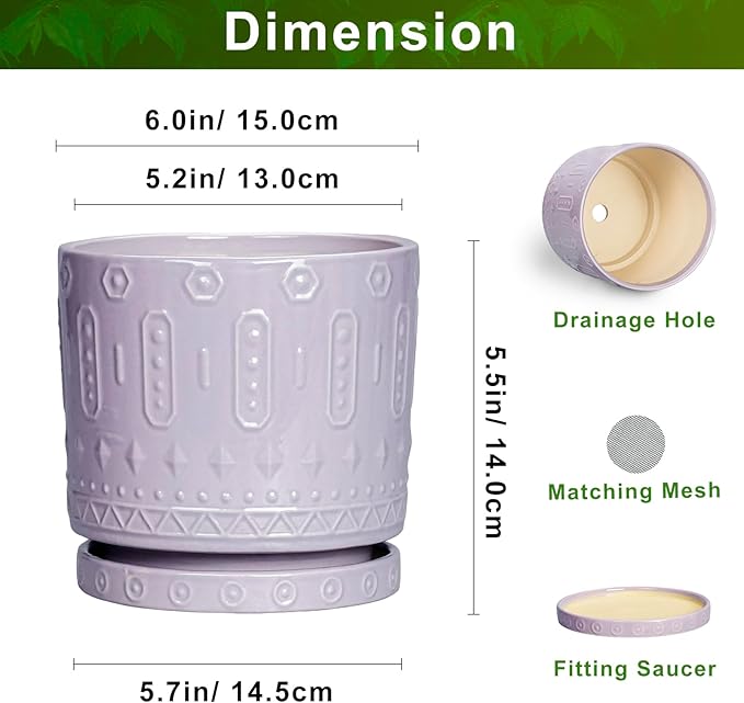 Eightpot Ceramic Pots for Plants, 6 Inch Plant Pot for Indoor Outdoor Plants, Round Planter with Drainage Holes and Saucer, Boho Decorative Flower Pots, Apartment Decor, Plant Lover Gifts, Purple