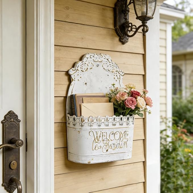 Metal Hanging Planters Wall Mount Planter Wall Vases for Flowers Shabby Chic Decor for Rustic Farmhouse Outdoor Decor White