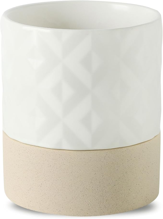 Nihow Self Watering Plant Pot for Indoor Plants: 6 Inch Ceramic Planter with Drainage Hole & Water Storage Plus - Cylinder Flower Pot with Wick for Herbs - Matte White & Brown Star