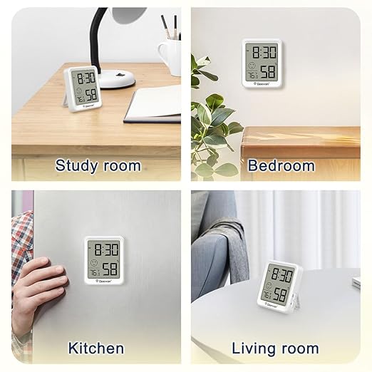 Geevon 6-Pack Mini Indoor Thermometer Hygrometer – Indoor Temperature & Humidity Monitor with Time Display and Comfort Indicator for Home House Office Garden and Cellar