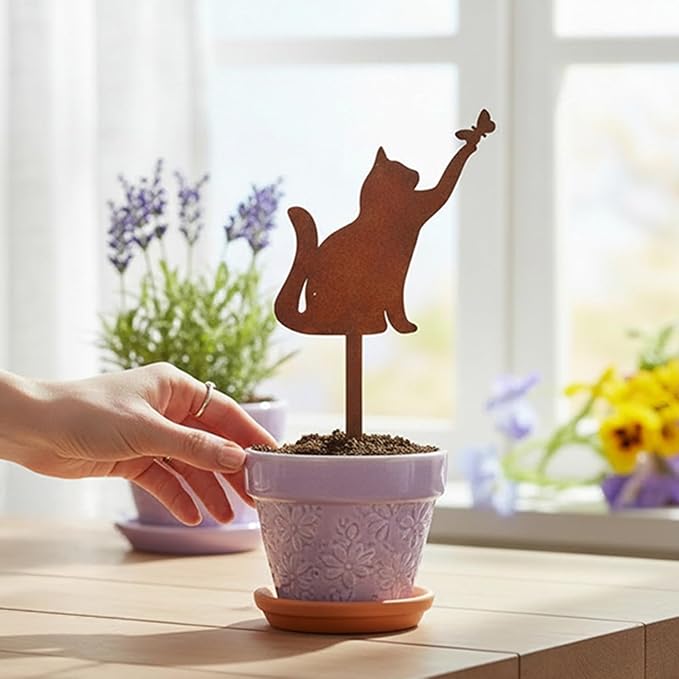 Butterfly-Catching Cat Metal Garden Stake – Powder-Coated Rust-Resistant Plant Pick for Pots & Planters, Playful Indoor/Outdoor Garden Decor