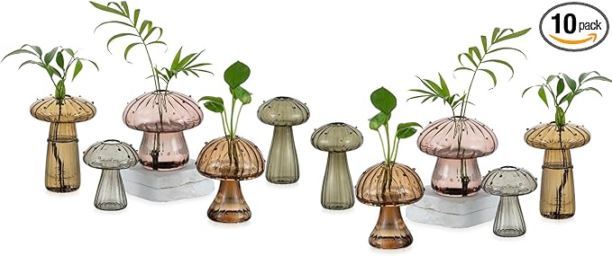 Glasseam Colored Mushroom Plant Terrarium: Glasseam Hand-Blown Glass Propagation Stations - Small Hydroponic Jars for Home Table Window Autumn Decor - Gifts for Plant Lovers (10Pcs)